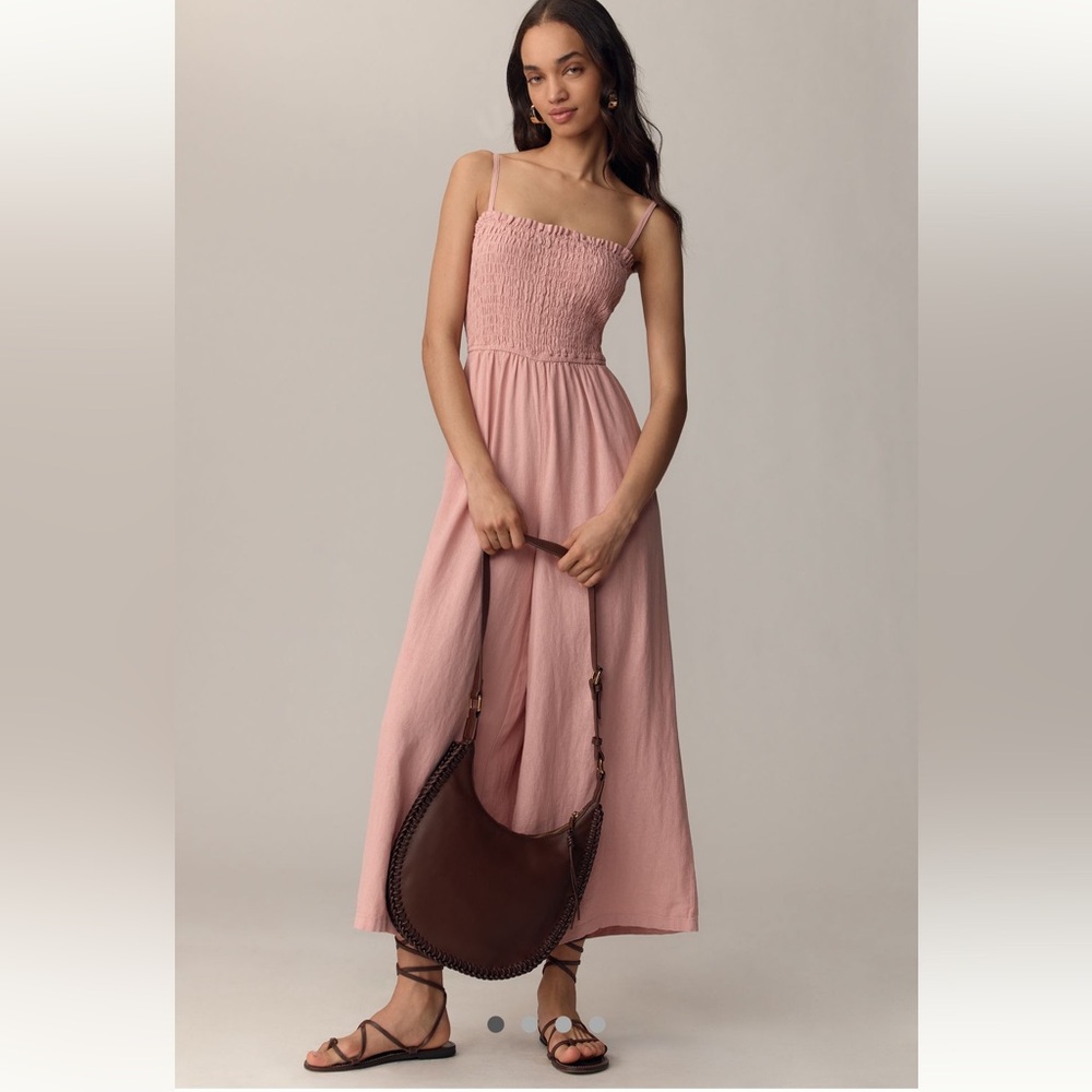 Pilcro Smocked Linen Blend‎ Wide-leg Jumpsuit Pink Size Large NWT